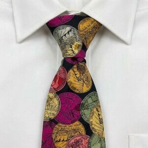Nicole Miller Mens Coin Print Silk Necktie Black Red Gold Green Formal Tie